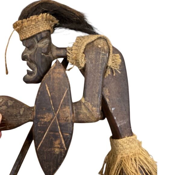 Wood Warrior Tribal Sculpture Statue of Native Man African Hand Carved 23 in - Picture 9 of 12